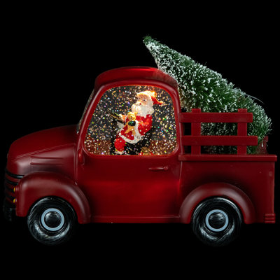 LED Lighted Santa In Red Retro Truck With Christmas Tree Snow Globe 9"