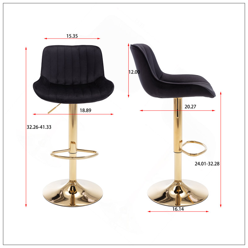 Repose-pieds chromé et base pivotante en velours à hauteur réglable et tabouret de bar simple doré, ensemble de 2, noir, Noir