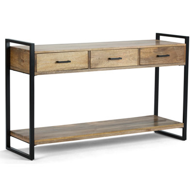 Riverside 54"W Solid Mango Wood and Metal Modern Industrial Storage Console Table with 3 Drawers and Open Shelf