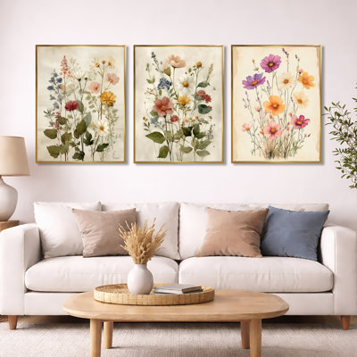 Ensemble de 3 fleurs murales vintage sur fond de ferme rétro "Wildflowers"