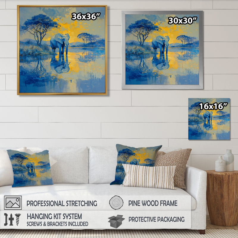 Hance éléphant au bord de l'eau - éléphant, art mural, Impression encadrée flottante, Brun, H 16 po x l 16 po