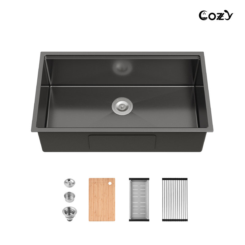 33" L Single Bowl Undermount Handmade Stainless Steel Kitchen Workstation Sink with Colander, Basket Strainer, Cutting Board, Dish Rack