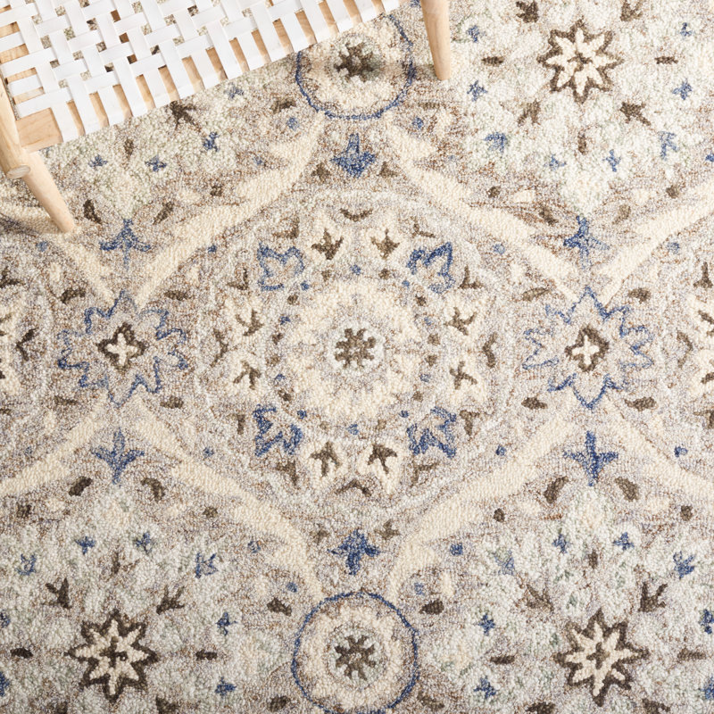 Tapis damassé en laine / coton touffeté à la main en gris / beige, Carré 5 pi