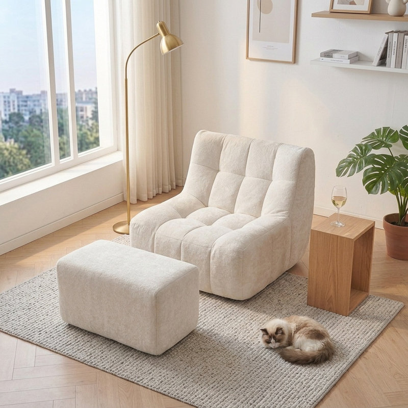 31.5" Bean Bag Lounge Chair With Ottoman, White
