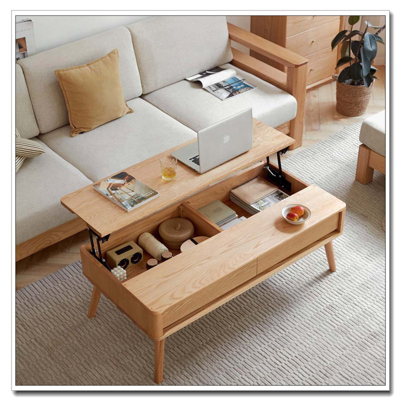 Table basse avec plateau relevable en bois de chêne massif, H 17,72 po x L 47,24 po x l 25,59 po