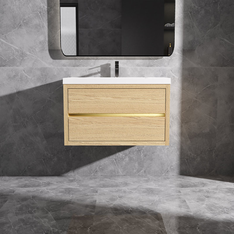 Meuble-lavabo mural flottant en chêne naturel avec surface de lavabo simple en blanc, Brun, 36"