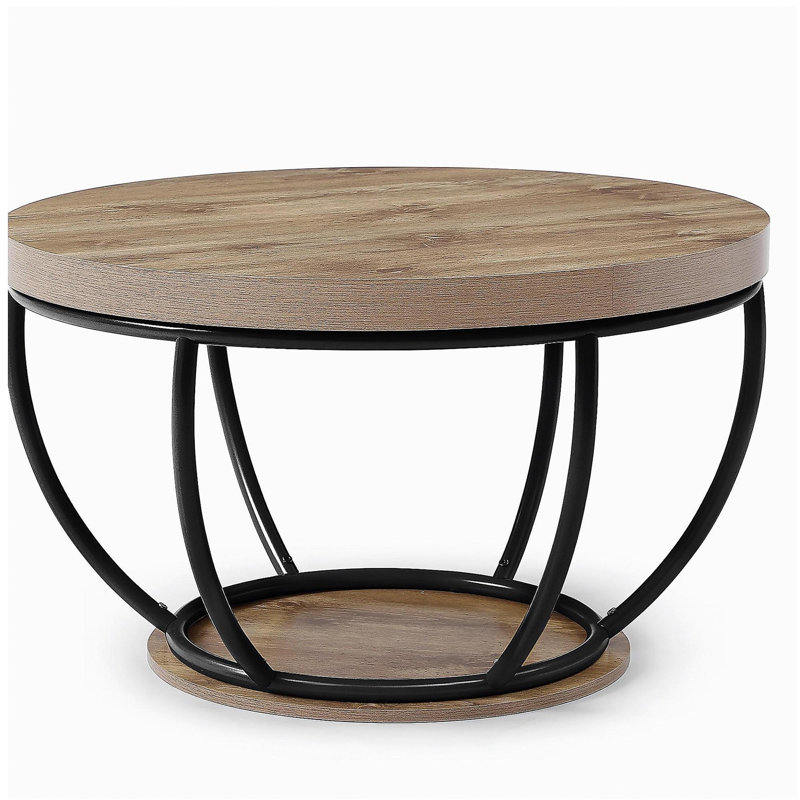 31" Round Industrial Coffee Table with 2-Tier Storage Shelves, Modern Wood & Black Metal Accent Center Table for Living Room, Home Office – Easy Assembly