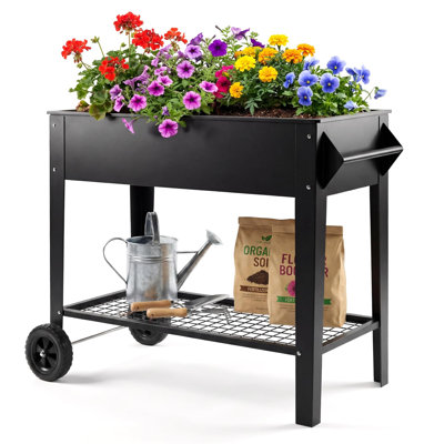 Lit de jardin surélevé 40 po x 32 po x 15,3 po avec roulettes et tablette de rangement, capacité de 400 lb, pot à fleurs en acier antirouille pour légumes et herbes, patio / balcon / cour arrière