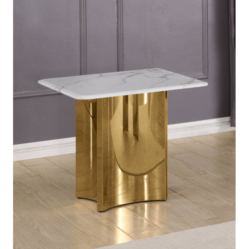 Table de bout en marbre blanc avec base en acier inoxydable, Doré