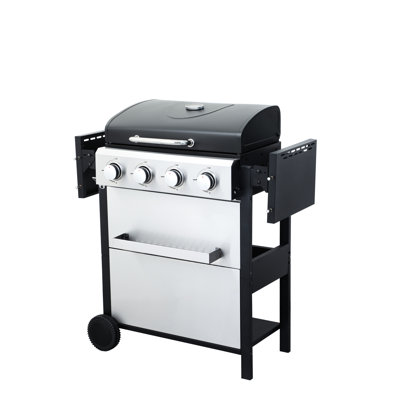 34200Btu 4 Propane Gas Grill, Foldable Side Table, #430 Ss Bottle Opener, Stainless Steel Warming Rack For Outdoor Bbq, Wire Enamel Cooking Grids, Ignition System