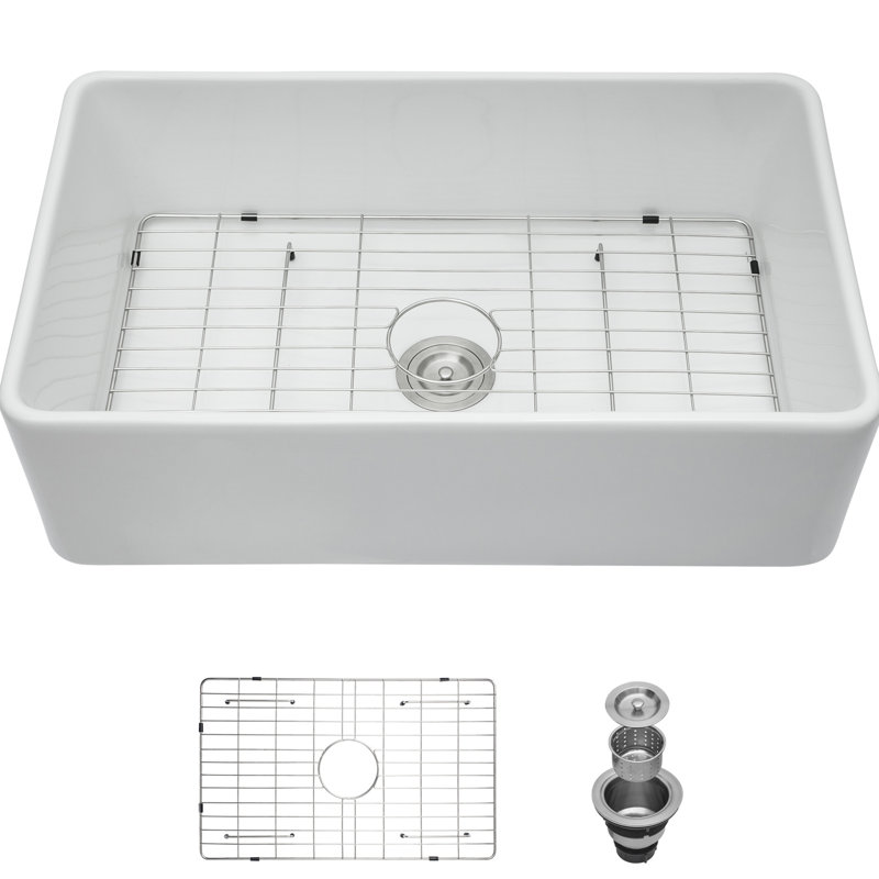 Évier de cuisine en céramique blanche 33 - à tablier frontal, à cuve simple et robuste, résistant aux égratignures, facile à nettoyer, comprend une grille en acier inoxydable 304