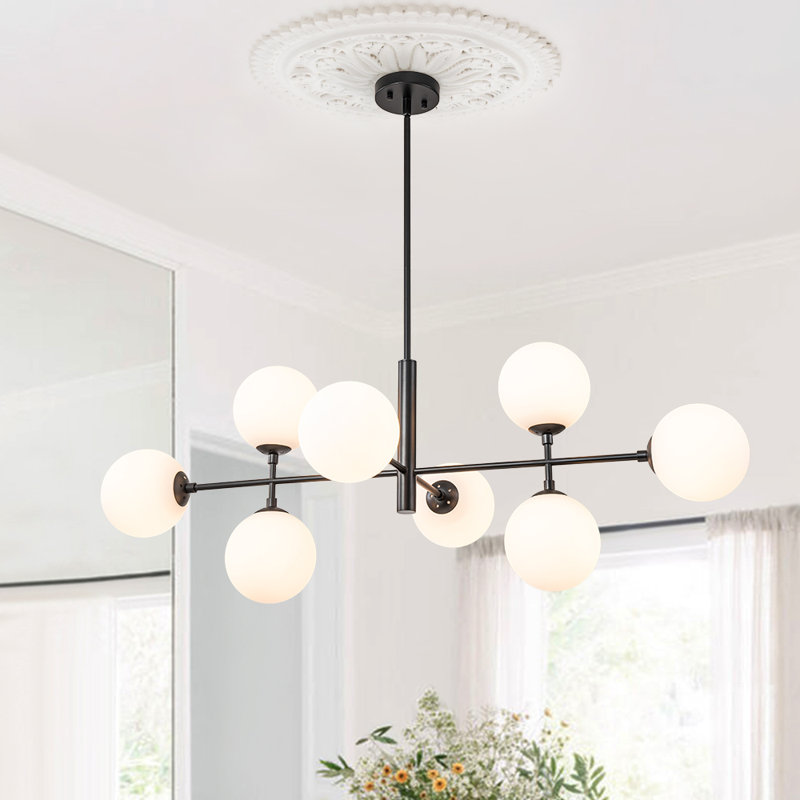 Lustre à 8 lumières Myhia, Noir, Blanc laiteux