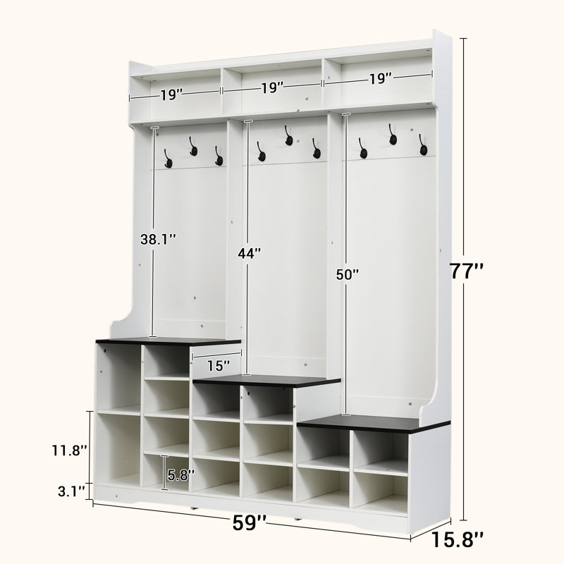 Portemanteau avec rangement pour chaussures, banc d'entrée avec portemanteau, 16 casiers à chaussures et 10 crochets à manteaux, étagère de rangement autoportante avec compartiments pour tablette d'entrée pour entrée, blanc