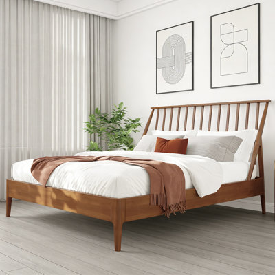 46.5" Tall Spindle Headboard Solid Bamboo Platform Bed,Wooden Slats & Metal Support