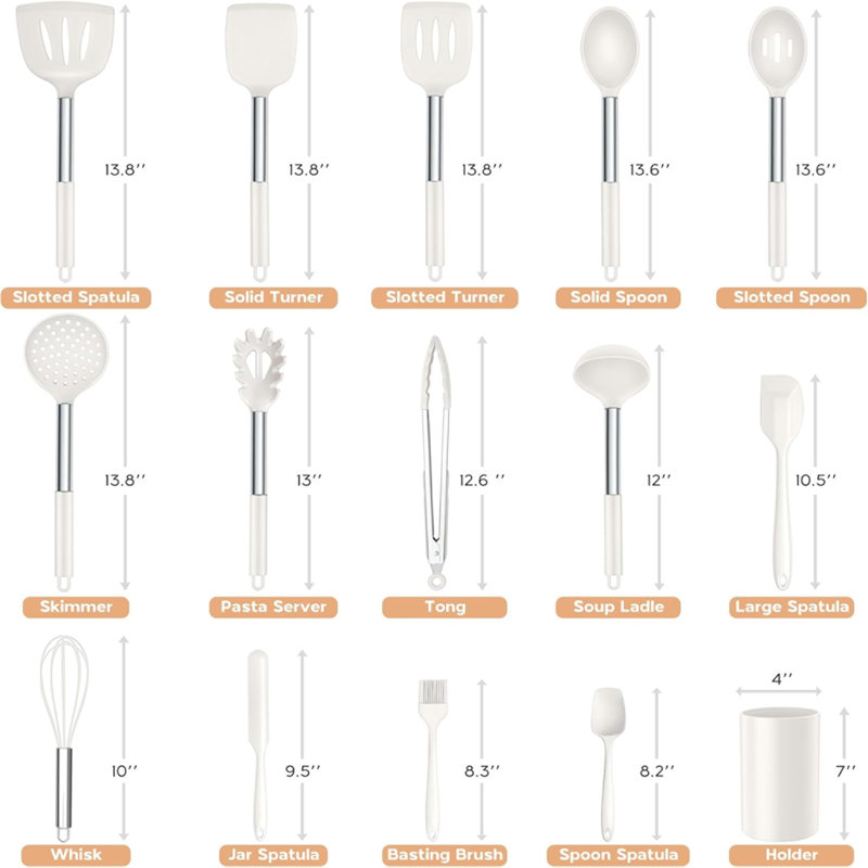 Ensemble de 15 ustensiles de cuisine en silicone, acier inoxydable, résistant à la chaleur antiadhésif, blanc