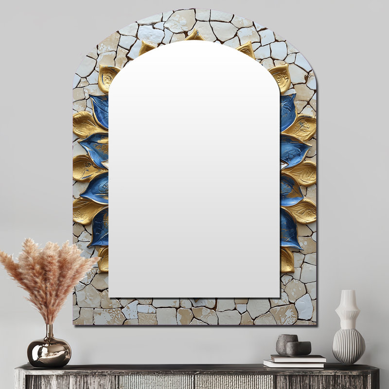 Maroc dans les tons or et bleu - grand miroir asymétrique marocain, miroir mural décoratif arqué traditionnel, impression d'art en métal