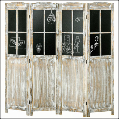 4 Panel Farmhouse Style Folding Room Divider, Portable Wood Privacy Screen with Blackboards for Home and Office