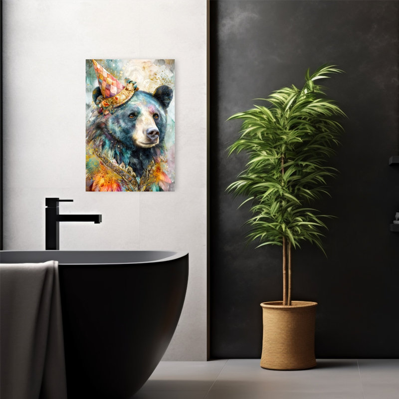 «Whimsical Party Bear», art mural coloré, ours vibrant, nature, portrait, 24" H x 16" W