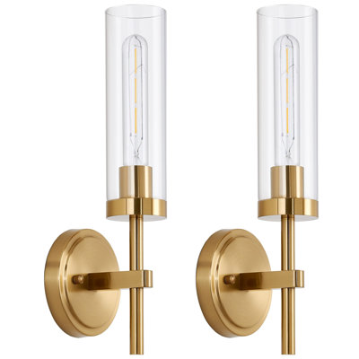 Hardwired Gold Wall Sconces Set Of 2, Modern Bathroom Sconces Wall Lighting Vanity Light Fixtures With Clear Glass, Brushed Brass Wall Decor Lights