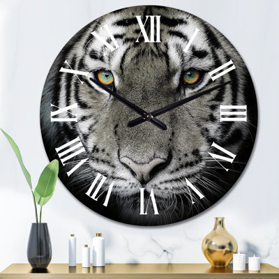 Portrait monochrome d'un tigre blanc IV - Horloge murale traditionnelle