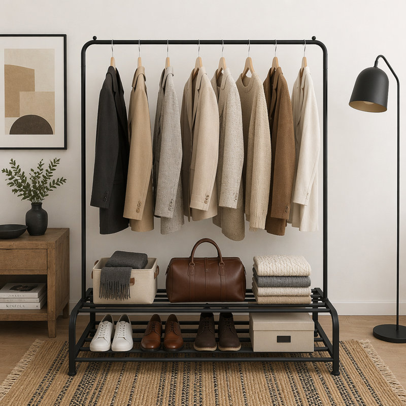 Heavy Duty Metal Garment Rack with Bottom Shelf, Sturdy and Space-Saving for Bedrooms and Small Spaces, Noir