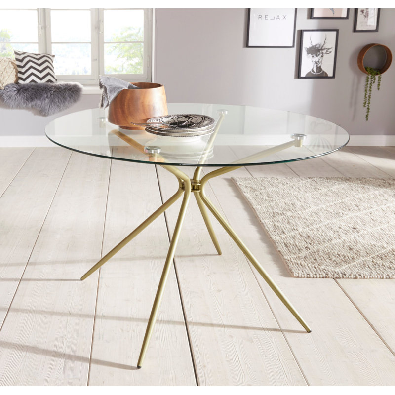 Orrum Round Glass Top Metal Base Dining Table, Brass