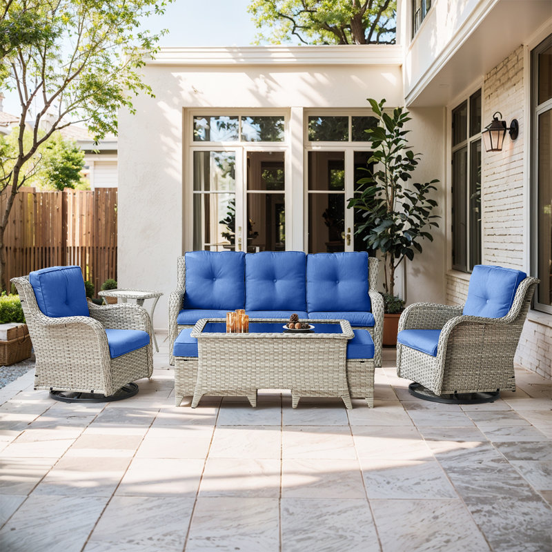 Schutt Erbin 7 - Pieces Seating Group with Cushions and Ottomans, Navy Blue
