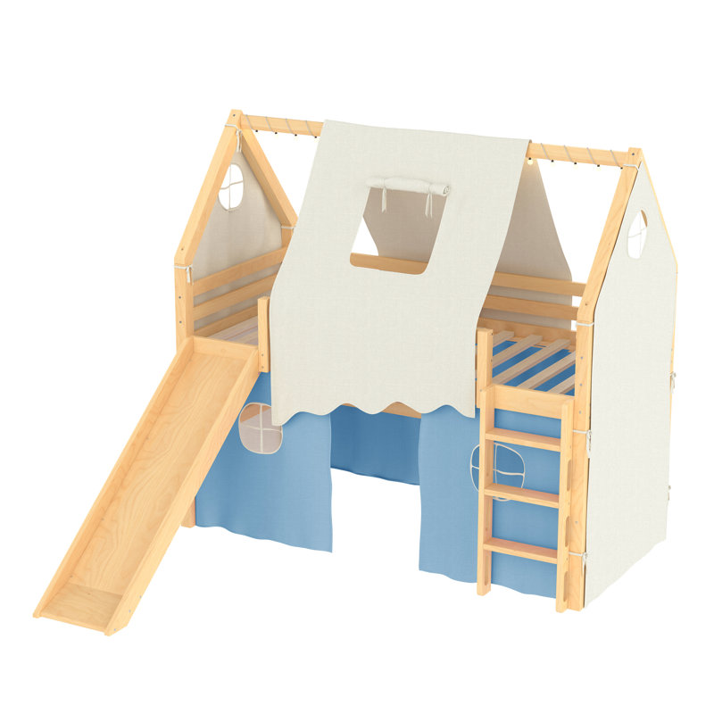 Lit mezzanine Cottage avec glissoire et tente, construction en bois massif, conception peu encombrante, Natural+Blue, Twin