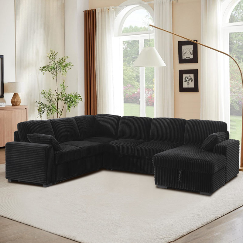 Manfried Oversized U-Shaped Sectional Sofa Bed Pull OutSleeper Couch With Storage Chaise For Living Room, Black Corduroy
