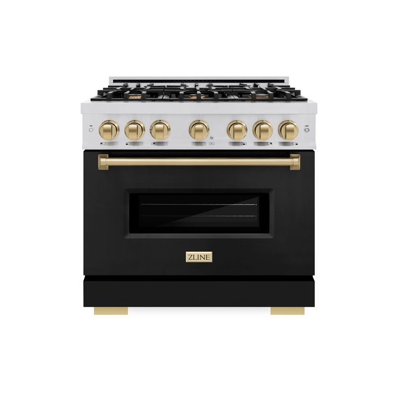 ZLINE Autograph Edition 36 in. 5.2 cu. ft. Classic Gas Range with 6 Burner Cooktop and Convection Gas Oven in Stainless Steel with Black Matte Door and Accents