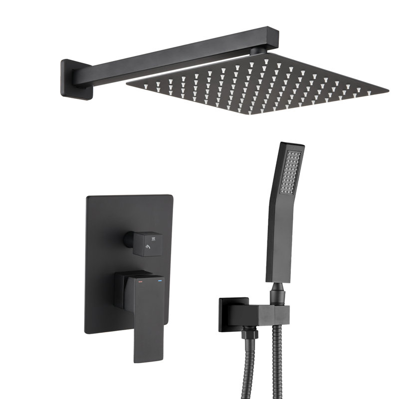 Wall Mounted 12 - Inch Matte Black Brass Shower System With Adjustable Head, Single Lever, And Finish For Long Term Use Combination Lever Handle, Flow, Contemporary Bathroom Style