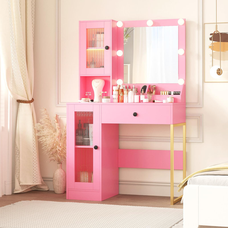 Bureau de maquillage avec miroir et lumières, coiffeuse avec station de charge, coiffeuse en bois RVB Lights pour chambre à coucher