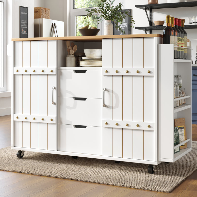 Kitchen Island With 3 Drawers And 2 Sliding Doors, White