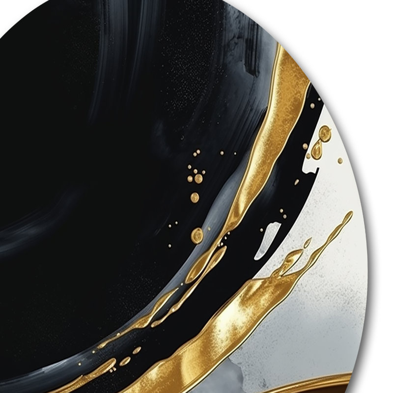 «Black Gold Abstract Shapes Marble I», art abstrait rond en marbre sur métal, H 36 po x l 36 po x P 1 po