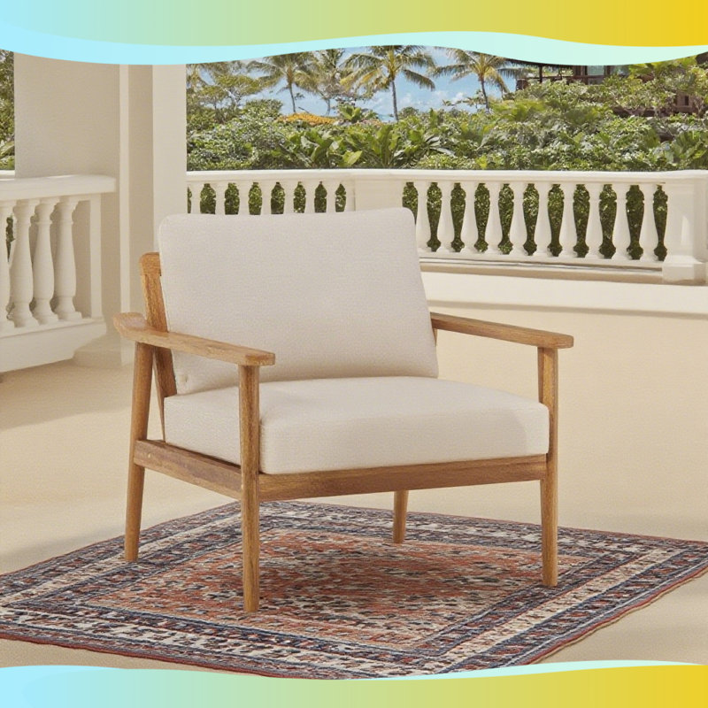 Chaise longue d'extérieur Mid-Century moderne - Structure en bois de teck massif avec coussins en polyester résistant aux intempéries - Patio, jardin ou balcon