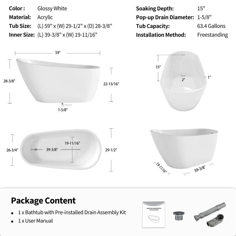 Baignoire de trempage en acrylique de 60 po avec trop-plein intégré et conception de berceau, autoportant pour la mise à niveau du spa à domicile, quincaillerie de corrosion autoportante blanc brillant, double extension
