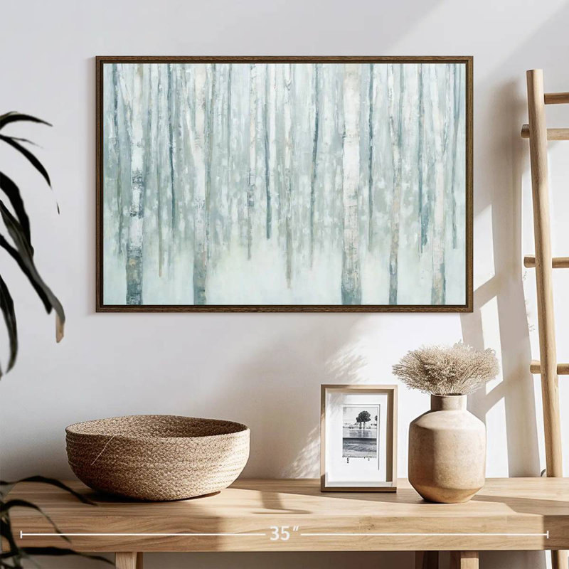 Bouleaux en bleu-gris d'hiver, 25 po x 17 po, Cadre flottant en noyer