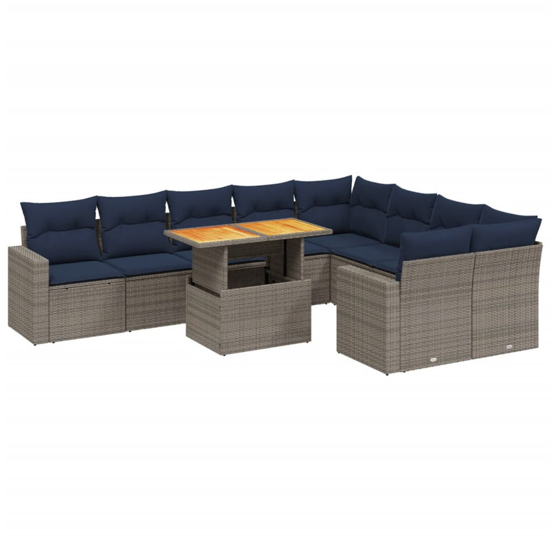  Ensemble de canapé de patio 10 pièces avec coussins en rotin de polyester, Gris, Bleu
