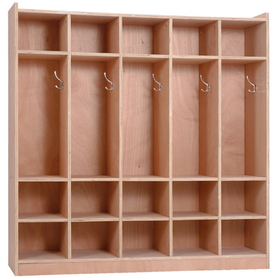 5-Section Heavy-Duty Plywood Coat Locker, 15-Compartment Kids Storage Unit with 5 Hooks, 4 Castors and 2 Storage Boxes for Nursery Classroom Hallway