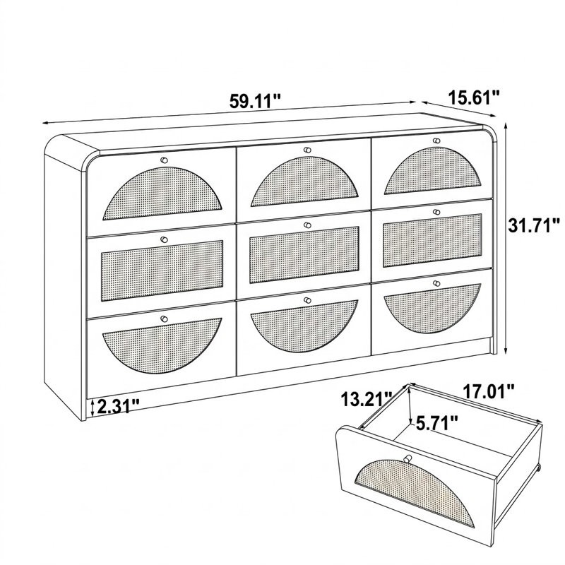 Commode 9 tiroirs grande capacité pour chambre principale, Natural