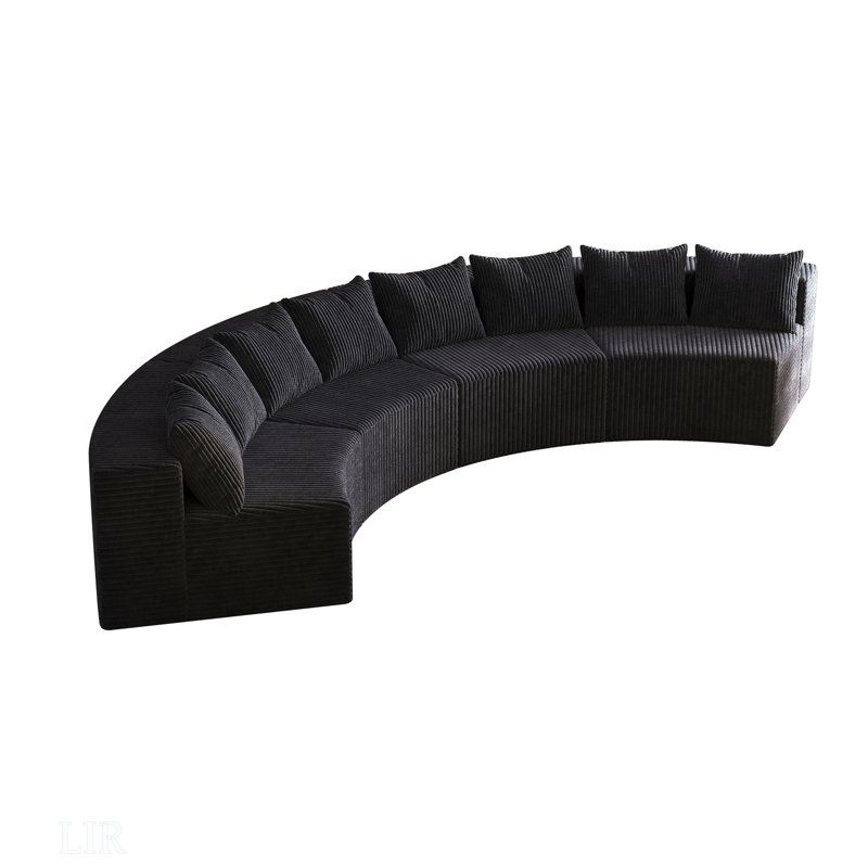 Canapé modulaire incurvé avec 8 coussins Corduroy, 30.5" H x 156" W x 63" D, Velours côtelé noir