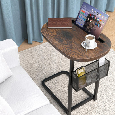 Fashion TV Tray Table With Large Tabletop, Adjustable Sofa Table With Storage Baskets, Strong Metal Frame, Tv Dinner Tray Table(Oval, Brown, 16.93Inch X 12.6Inch)