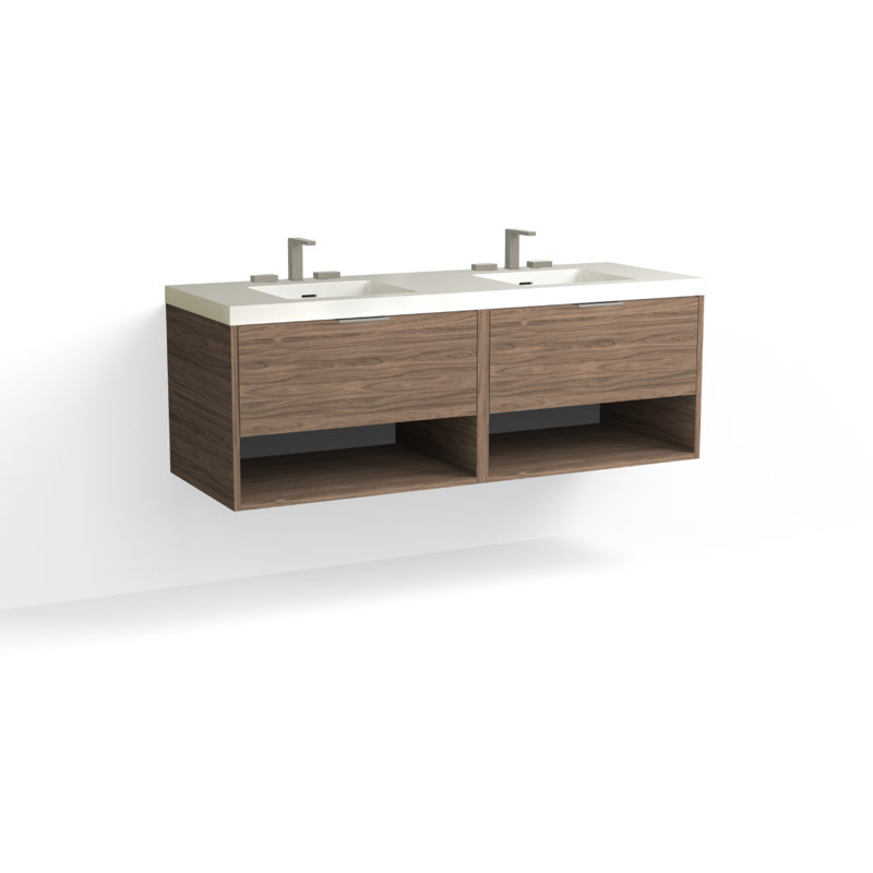 Modo 60" W Wall Mounted Double Bathroom Vanity, Matte White/8" Widespread, Satin Nickel, White Acrylic