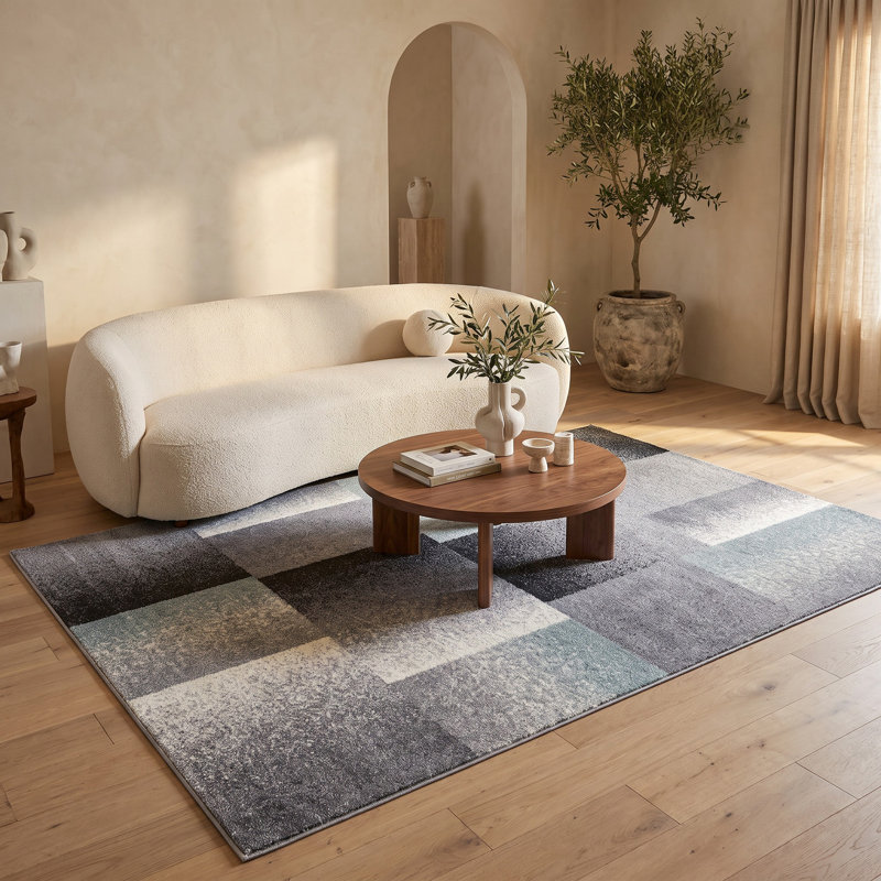 Tapis gris / bleu à motif abstrait gris / bleu 7 pi x 9 pi (6 pi 6 po x 9 po 4 po) Riwaq, Rectangle 6 pi 7 po x 9 pi 4 po