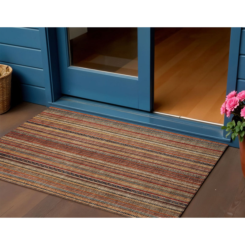 3' X 5' Rust Taupe And Gray Striped Washable Indoor Outdoor Area Rug