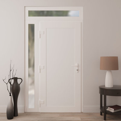 Porte d'entrée extérieure prémontée en PVC-U, verre dépoli, Manux 8111 Blanc Soie, imposte et vitrage latéral, portes latérales supérieures, portes pour bureaux, commerces et habitations, entrée, patio, garage, 122 x 239 cm (L 91 + 30 x H 203 + 36 cm), ouverture à droite vers l'intérieur