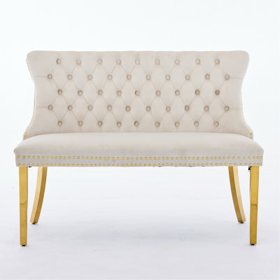 Velvet Double Dining Loveseat Bench, Kitchen & Dining Seating, 2-Seat Tufted Bench W/Handmade Buttons, Wing Back, Gold-Plated Steel Legs, Mid Century Modern,Single Pack