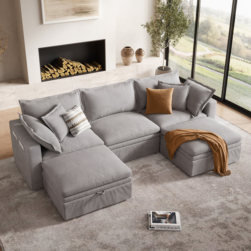 114" Cloud Couch, Oversized Modular Comfy Sofa For Living Room, U Shaped Sectional Couches With Detachable Sofa Cover, Storage Ottoman