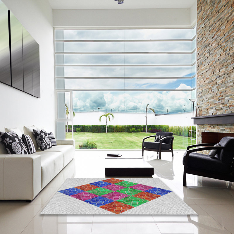 Tapis géométrique brun / bleu / rose, Carré 3 pi
