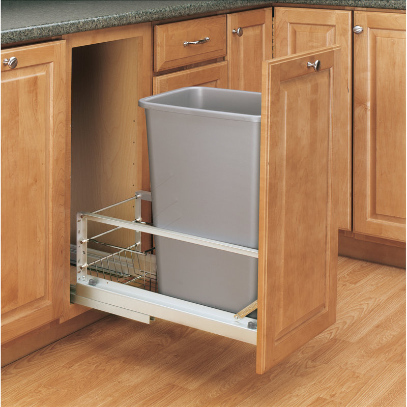 Aluminum Single Silver 50 Qt. Pullout Waste Container w/ Soft-Close for 15" Base Cabinets, 22.91" H x 10.75" W x 21.88" D